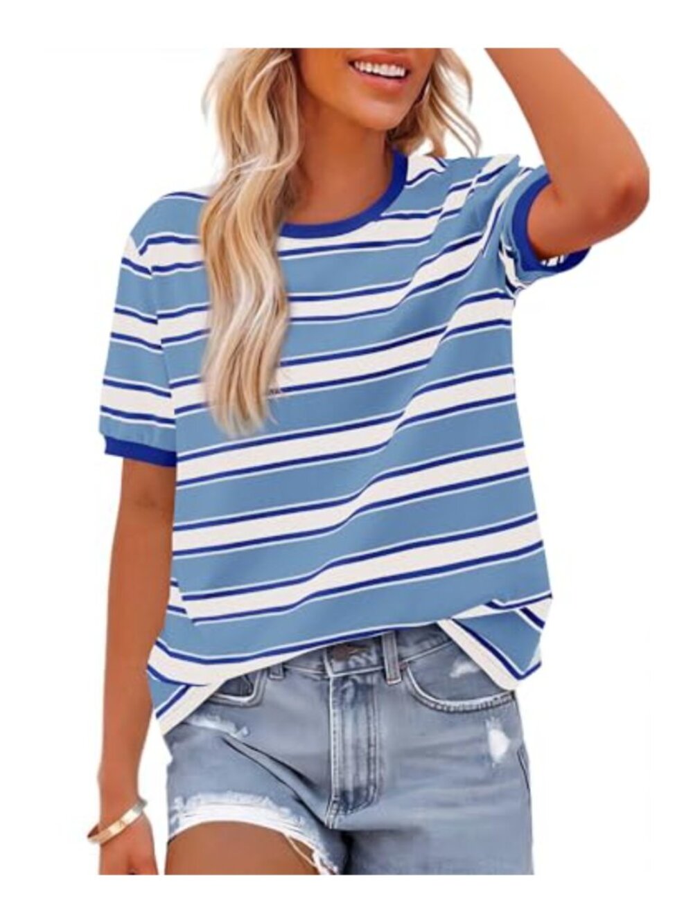 Summer Tops Short Sleeve Striped Shirt - Breathable Lightweight Loose Fit Color